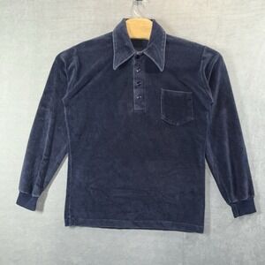 Vintage 70s 80s Campus Studio One Shirt‎ Navy Blue Velour Long Sleeve Henley M